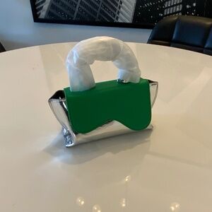 ✨ Metallic Silver Mini Handbag w/ Green Accent Handle – Statement Bag
